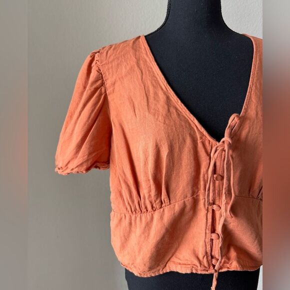 Levi's Luisa Linen Blend Cropped Puff Sleeve Blouse V-neck Top Sz L‎ Milkmaid - Picture 5 of 8